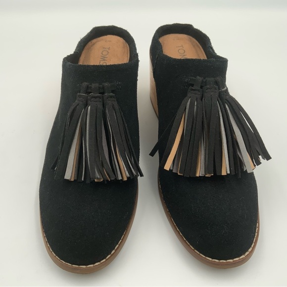 TOMS Leila Tassel Mules Women’s Size 8. Black Suede Cheeky Heels Slide-Ons shoes - Picture 2 of 8